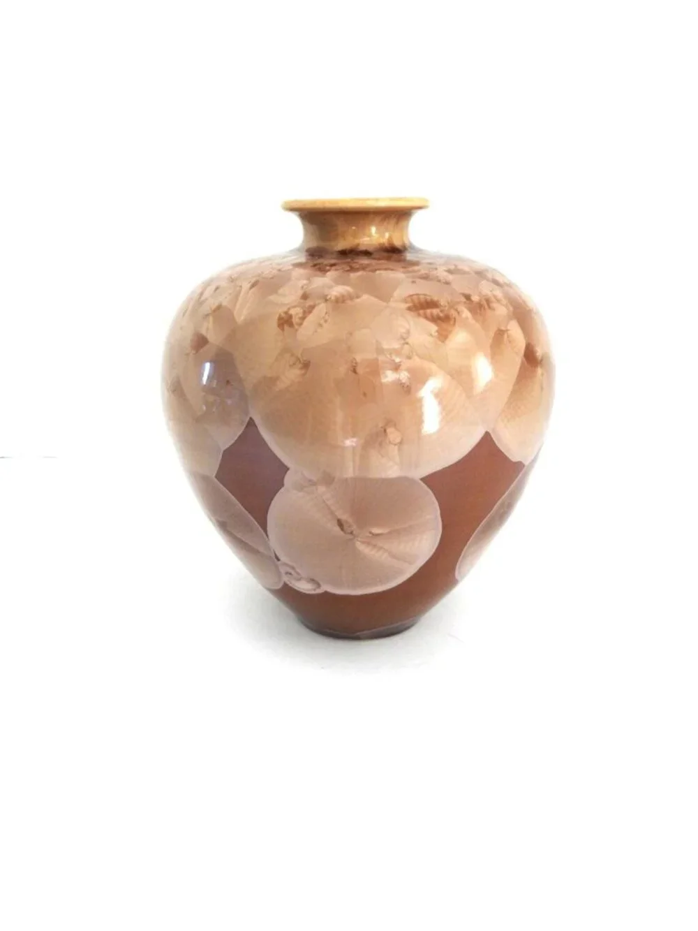 Vintage 90s Studio Crystalline Glaze Tan Brown Bud Vase 5”x6.5” Unsigned